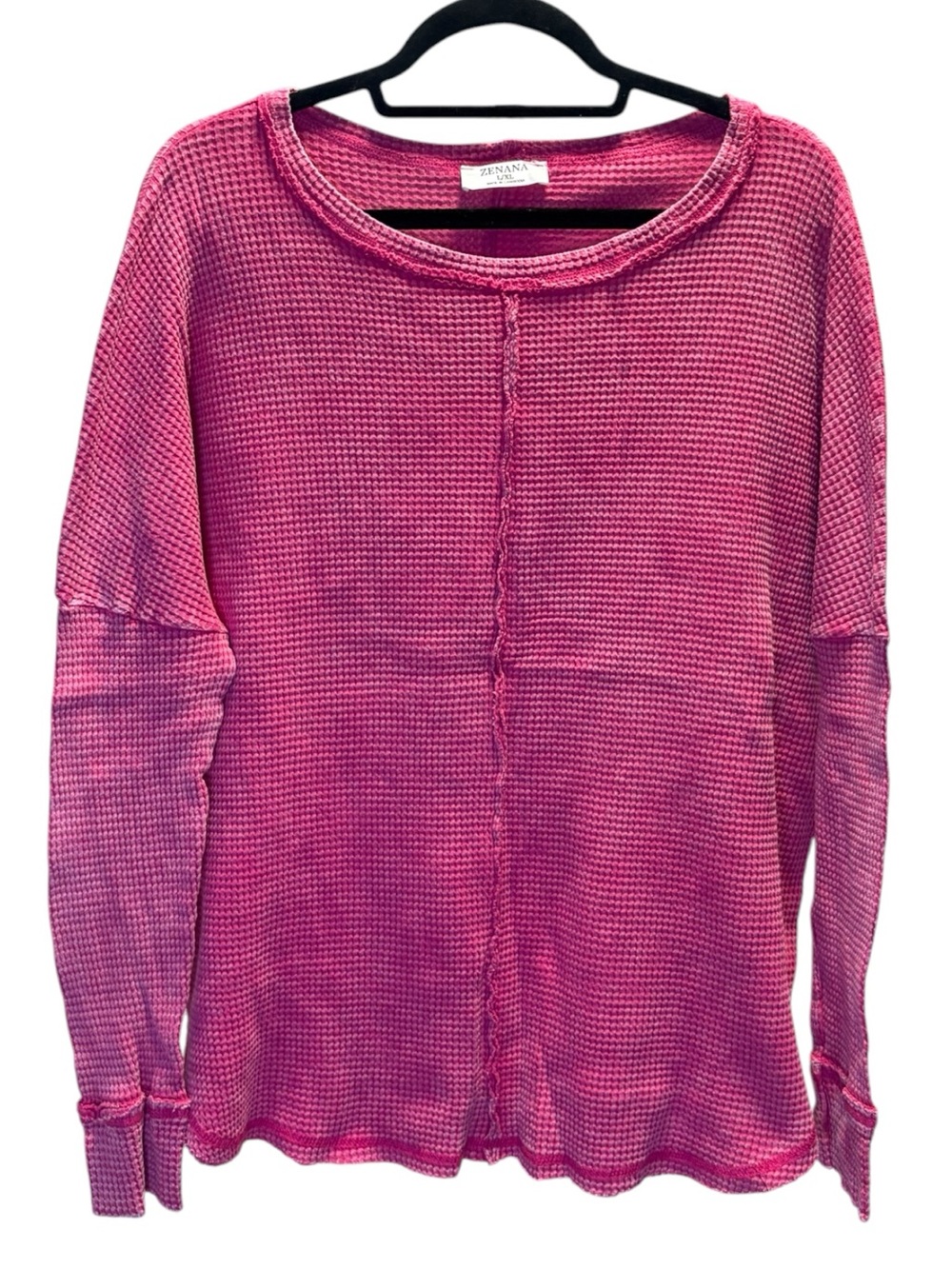 Zenana Outfitters Pink Waffle-Knit Long Sleeve Pullover